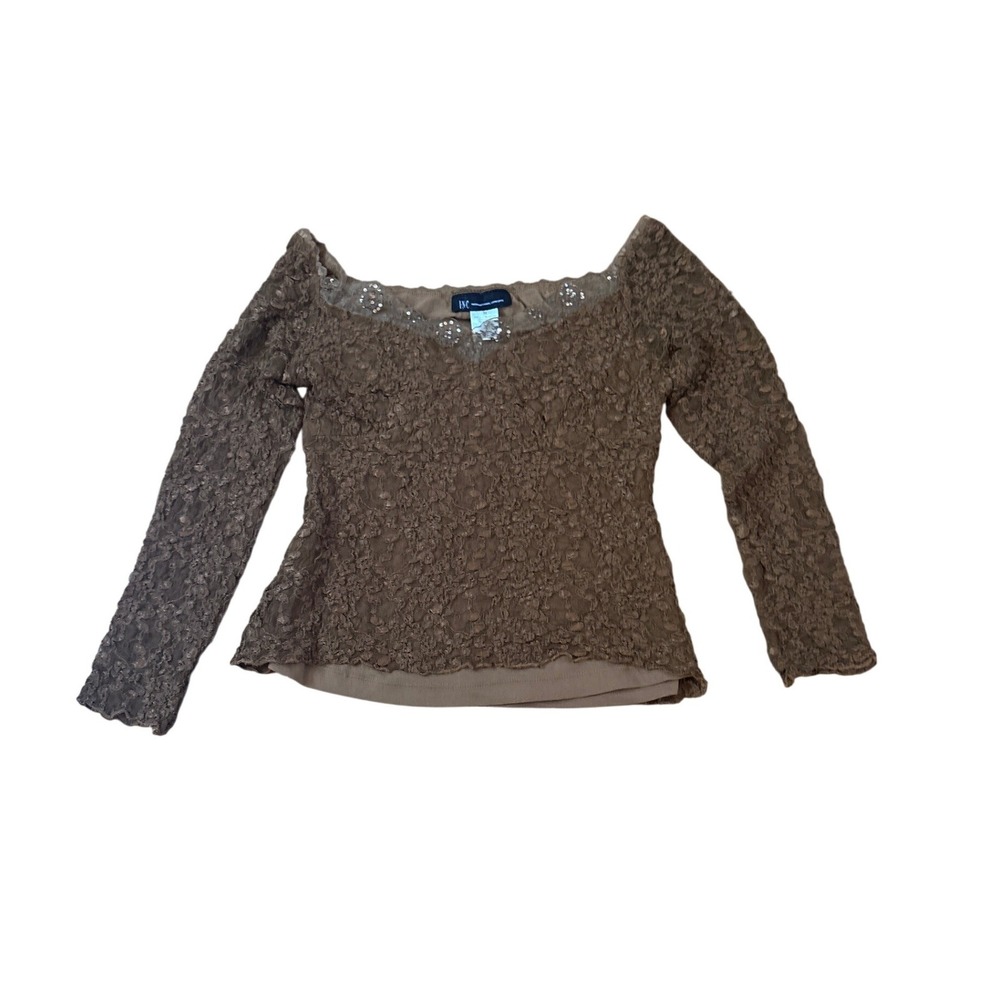 INC International Concepts Top Women Brown Lace Sequin V-Neck Vintage SIZE M
